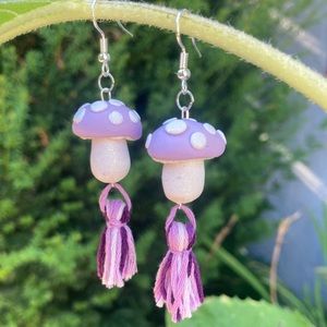 Handmade Polymer Clay Mushroom Earrings with Drop Tassels